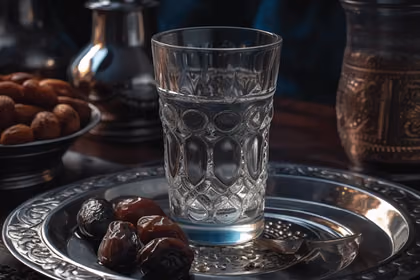 İftar sofrasında bardakta su, sağlıklı su tüketimi ve Ramazan’da hidrasyon simgesi