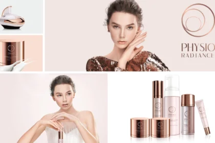 Physio Radiance cilt bakım ürünleri, temizleyici, serum ve göz kremi ile birlikte sergileniyor.