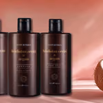 Hindistan cevizi ve argan yağı şişeleri ile doğal yağlar, taze hindistan cevizi ve argan meyvesi yanında.